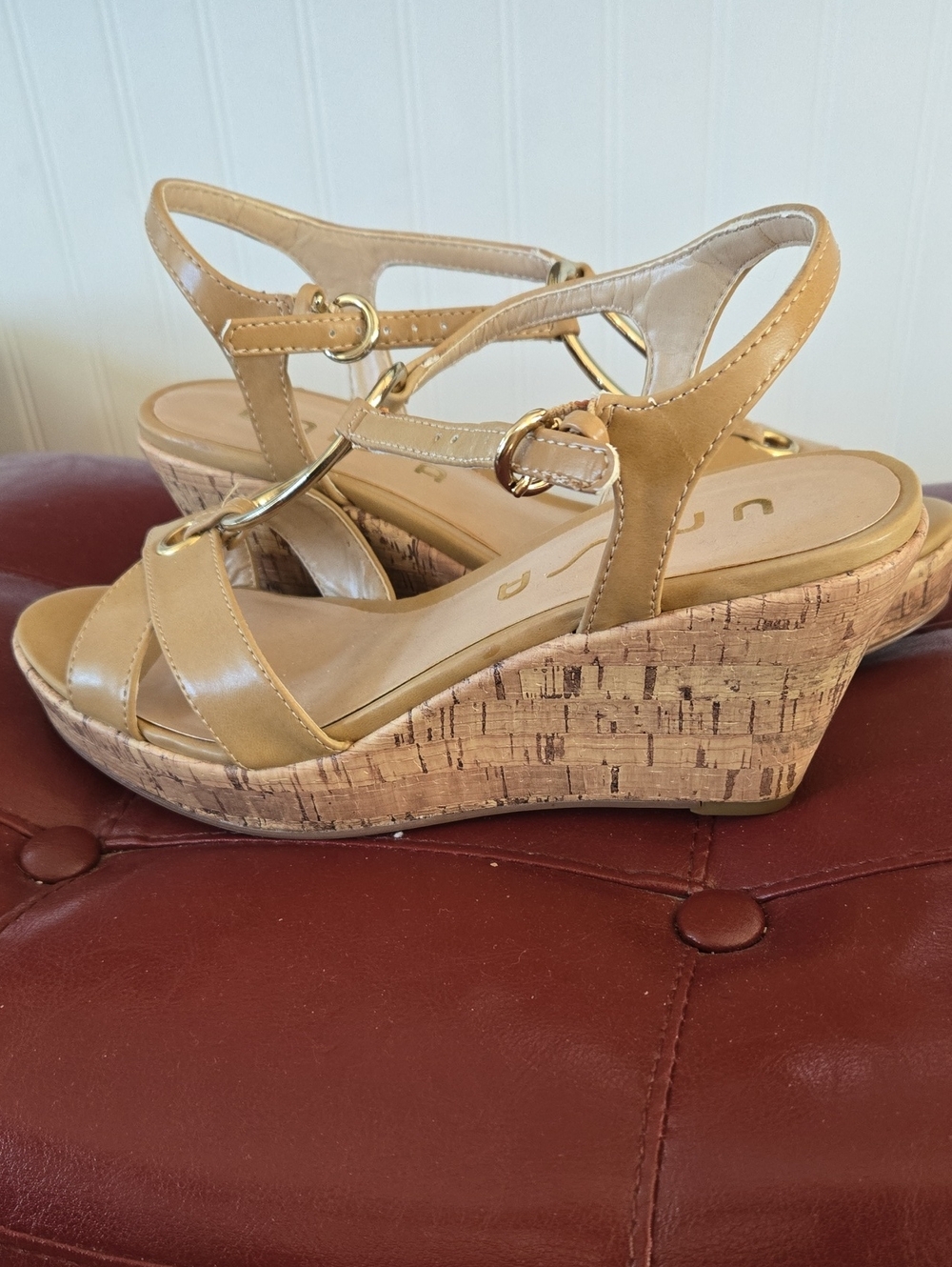 Unisa Tan Wedge Sandals with Gold Rings